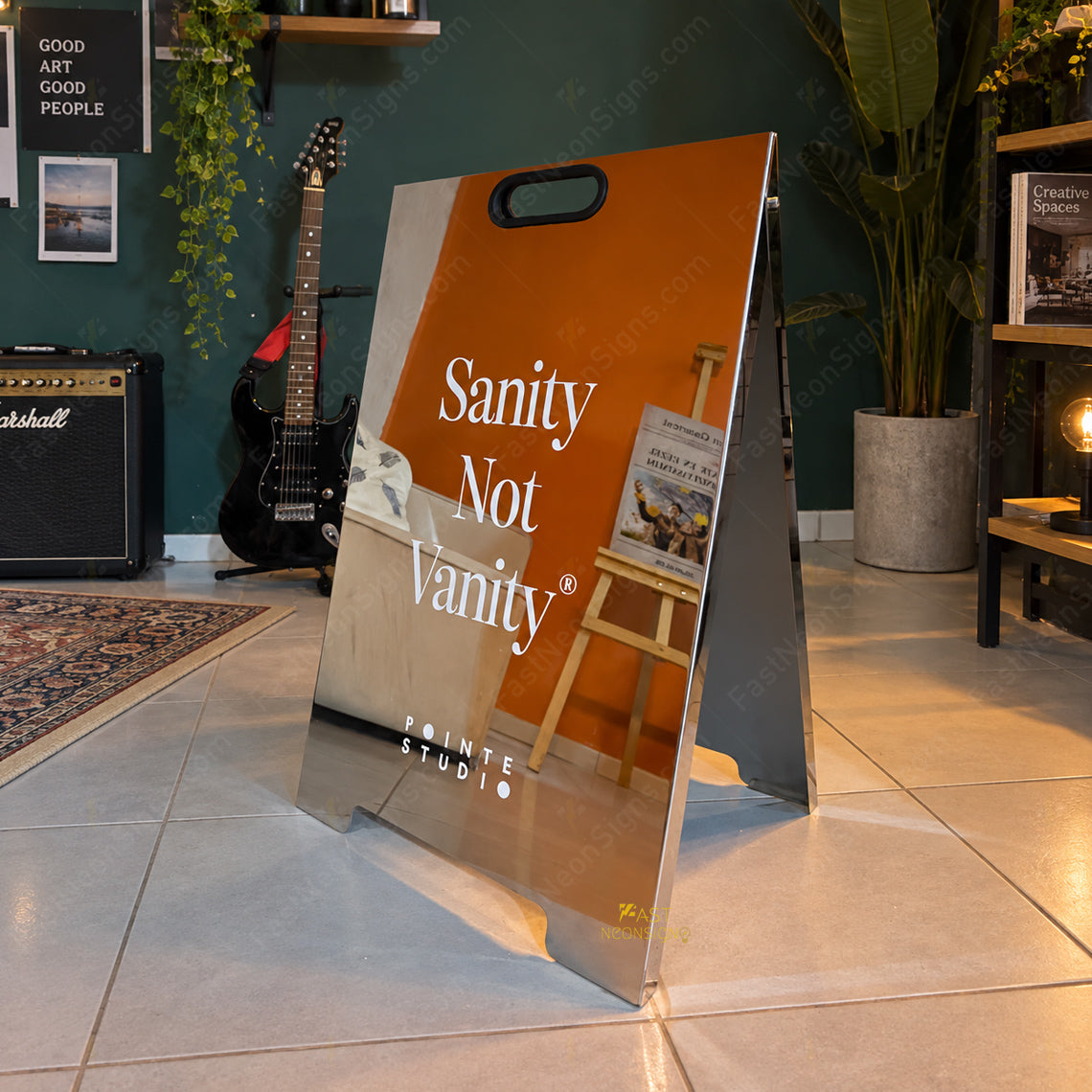 Custom Mirror Stainless Steel Folding A-Frame Sign with Handle – Personalized Sidewalk Business Sign for Cafe, Shops & Salon