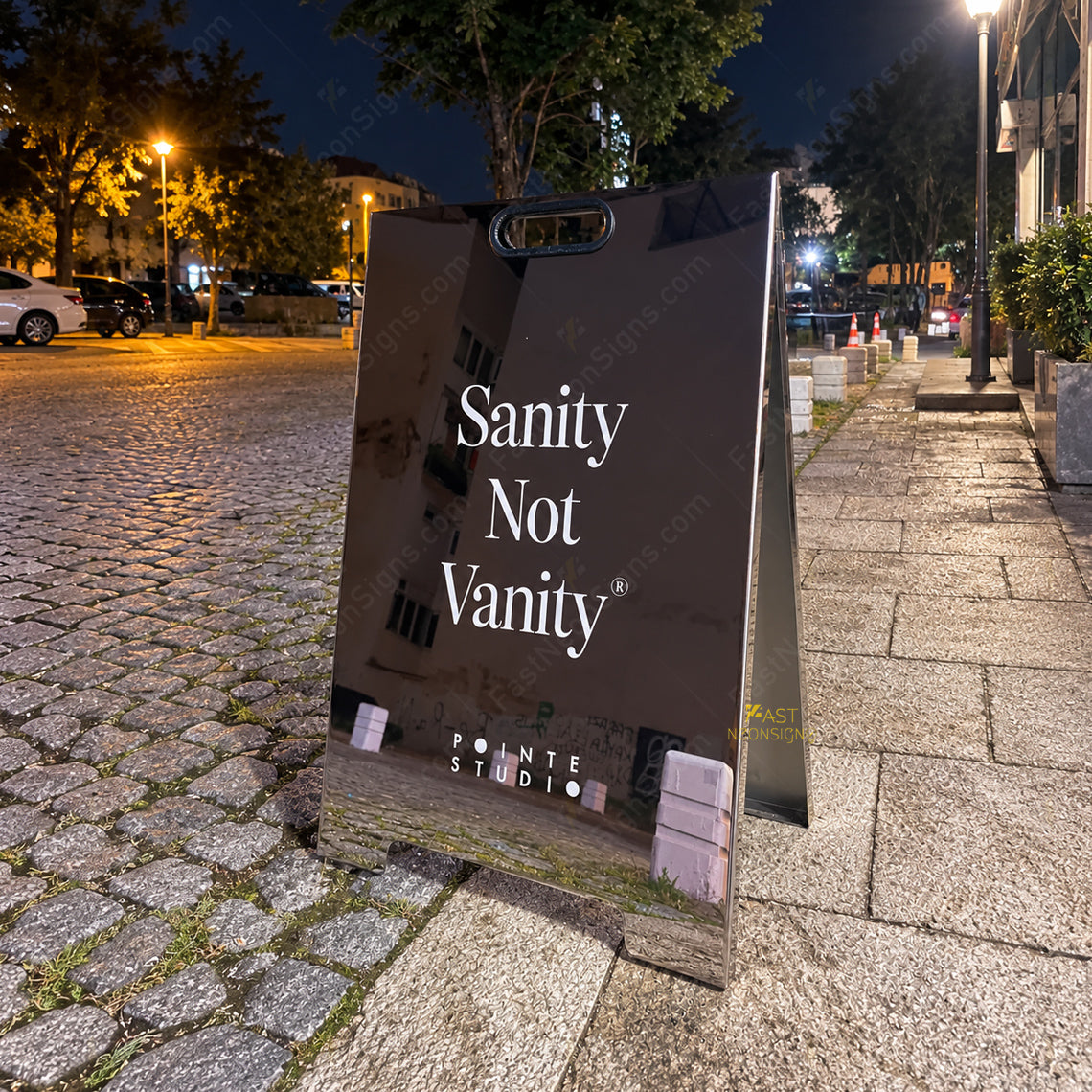 Custom Mirror Stainless Steel Folding A-Frame Sign with Handle – Personalized Sidewalk Business Sign for Cafe, Shops & Salon